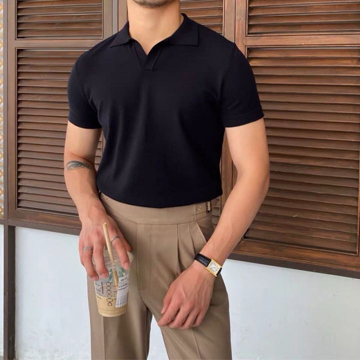 Men's Lapel Knitted Short-sleeved Slim T-shirt