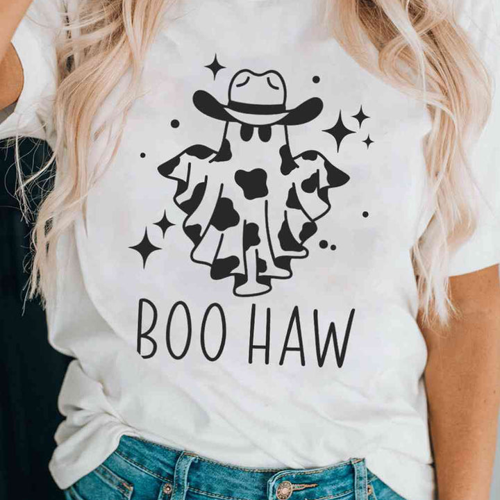 V-Neck Short Sleeve BOO HAW Ghost Graphic T-Shirt