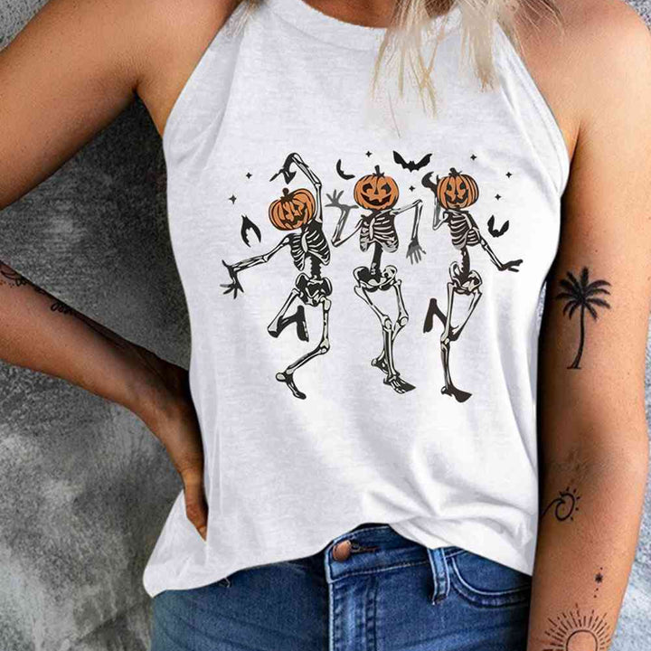 Round Neck Dancing Pumpkin Head Skeleton Graphic Tank