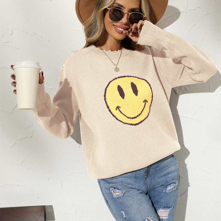 Round Neck Long Sleeve Smily Face Graphic Sweater