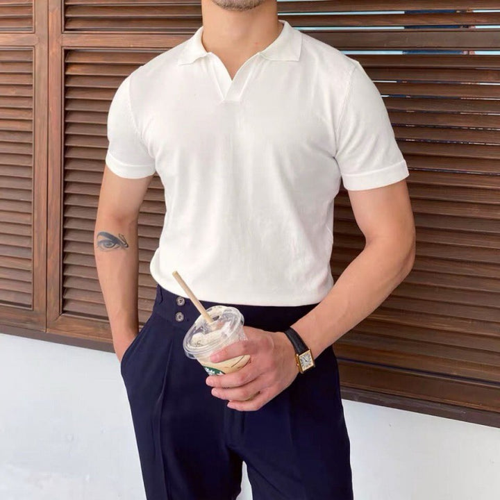 Men's Lapel Knitted Short-sleeved Slim T-shirt