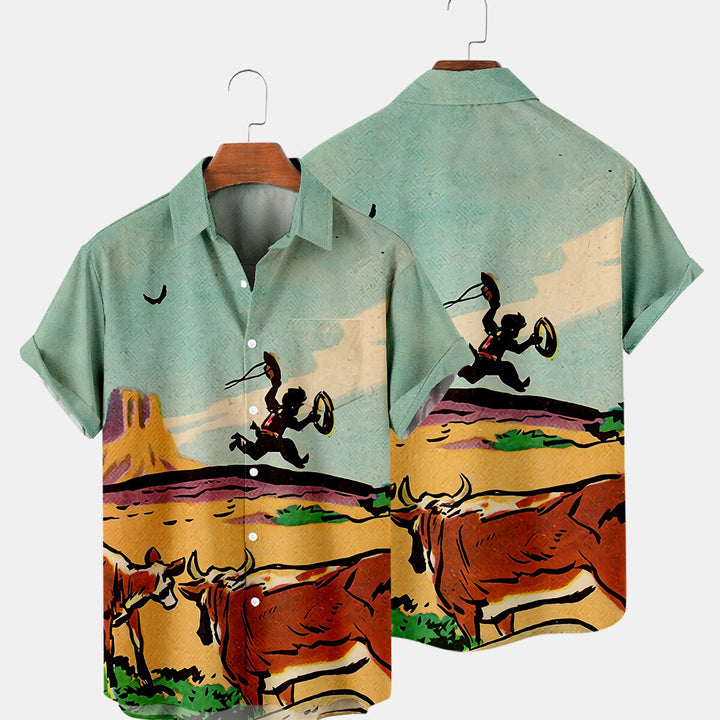 Men Summer Loose Casual Hawaii Holiday Beach Shirt Tops Button Blouse Fashion Cowboy Oil Painting Short Sleeve Shirts Streetwear