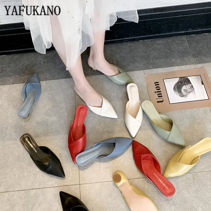 2023 New Women Low Heel Slippers Fashion Mules Shoes Pointed Toe Slides candy color Sandal Ladies Slides Flip Flop Zapatos Mujer