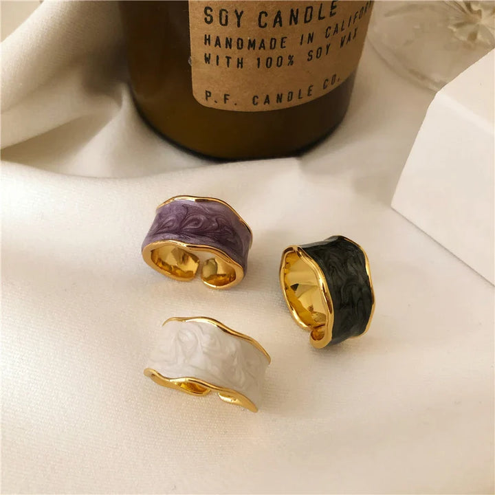 Peri'sBox Adjustable Irregular Wide Flowing Enamel Glaze Rings Three Colors Available Wave Ring Simple Fashion Bohemian Rings