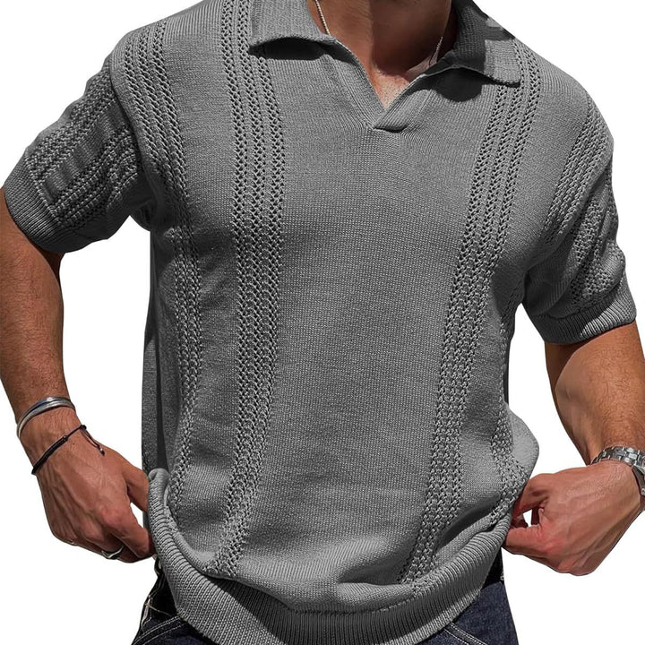 European And American Fashion Men's Knitted Polo Shirt Short Sleeve V-neck Hollow