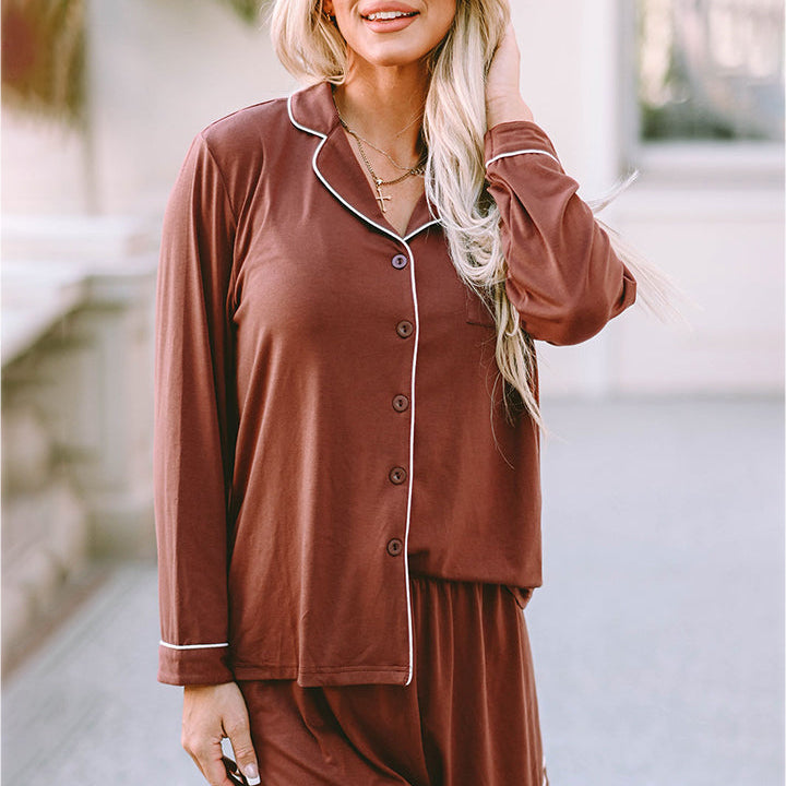 Lapel Collar Long Sleeve Buttoned Top and Shorts Lounge Set