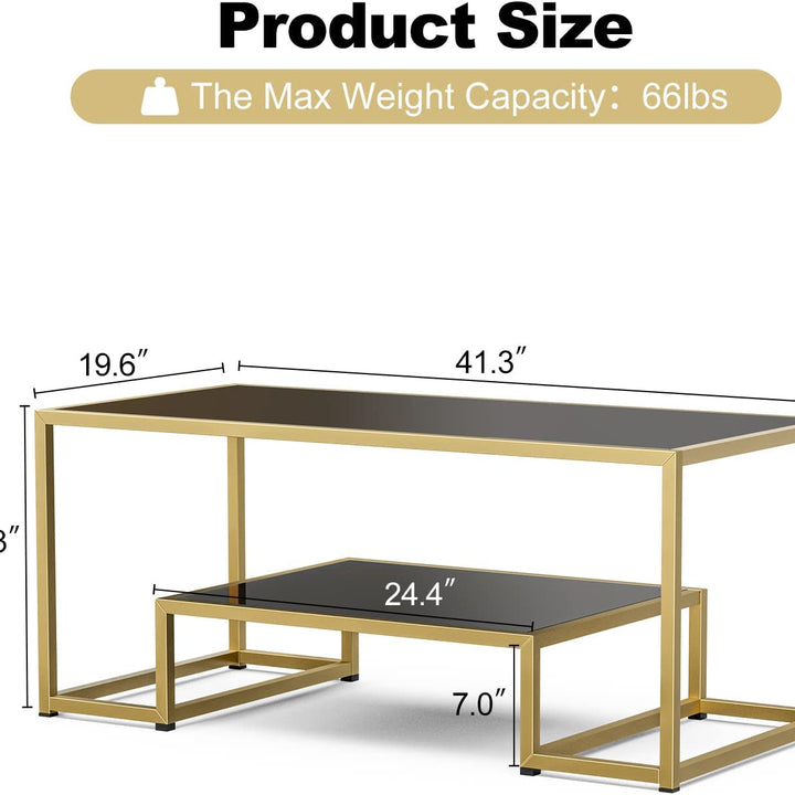 High Gloss Coffee Table for Living Room with Gold Metal Frame and Open Storage Shelf, Modern Accent Center Table Black Dining Table for Home Furniture Office Decor