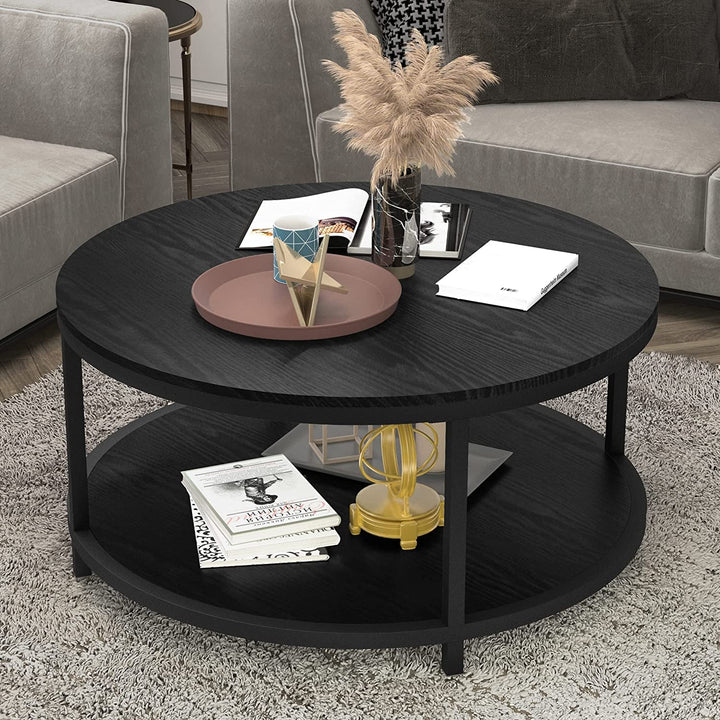 Nsdirect 36 Inches round Coffee Table, Rustic Wooden Surface Top & Sturdy Metal Legs Industrial Sofa Table for Living Room Modern Design Home Furniture with Storage Open Shelf (Black)