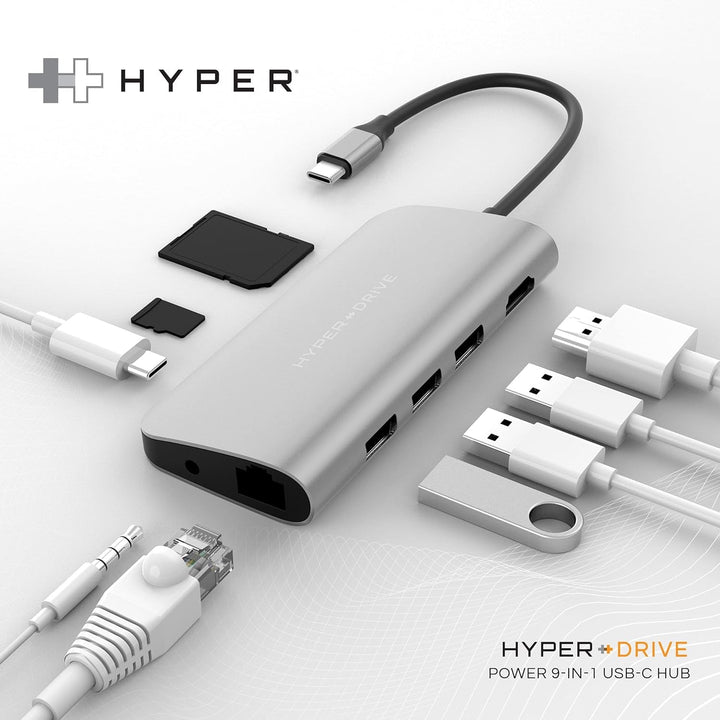 Hyperdrive USB C Hub - 9-In-1 USB Hub 4K HDMI, Ethernet, 3.0 USB-A, USB C Power Delivery, Microsd/Sd, Audio Jack - Compatible with Ipad Pro, Macbook, Chromebook, Windows - Space Gray