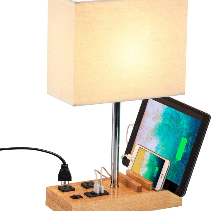 Dreamholder Desk Lamp with 3 USB Charging Ports, Table Lamp with 2AC Outlets and 3 Phone Stands, Nightstand Bedside Lamp with Natural Wooden Base and Cream Linen Shade