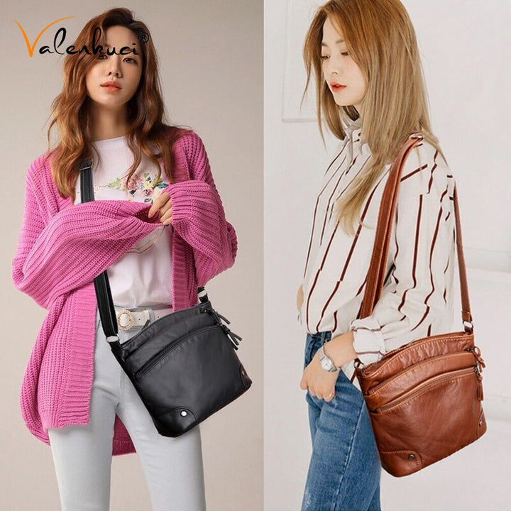Women Shoulder Crossbody Bag Ladies Fold Over Small Bag Female Vintage Retro Soft Leather Multi-Pocket Women Messenger Bag