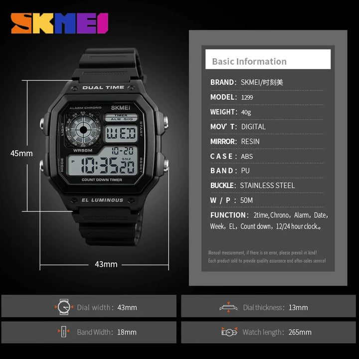 SKMEI Outdoor Countdown Sport Watch Men PU Strap Multifunction Waterproof Watches Alarm Male Digital Watch reloj hombre 1299
