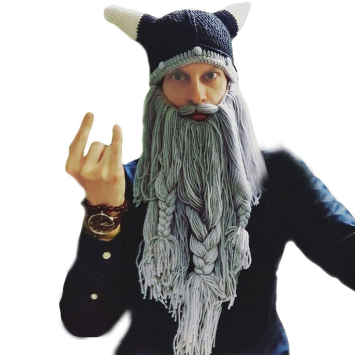 New Men's Barbarian Vagabond Viking Beard Beanie Horn Hats Handmade Winter Warm Birthday Funny Gag Halloween Cap Christmas Gifts
