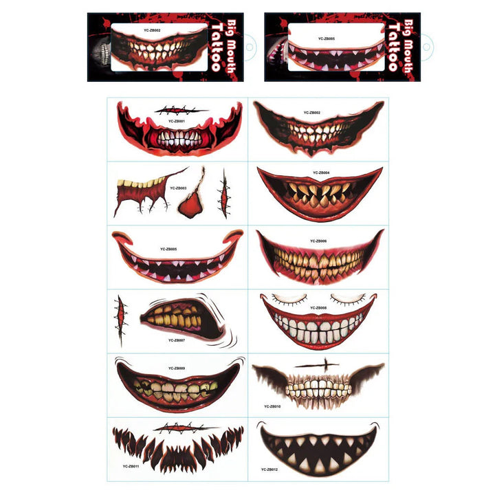 12sheets Halloween Big Mouth Tattoo Stickers Diy Horror Lip Scratched Face Stickers Decors Day Of The Dead Body Art Fake Tattoos