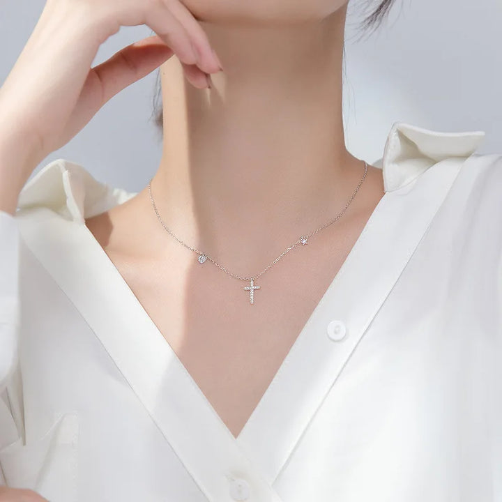 TrustDavis Women's Fashion 925 Sterling Silver Dazzling CZ Cross Heart Star Pendant Short Necklace For Women Girls Gift DS2485