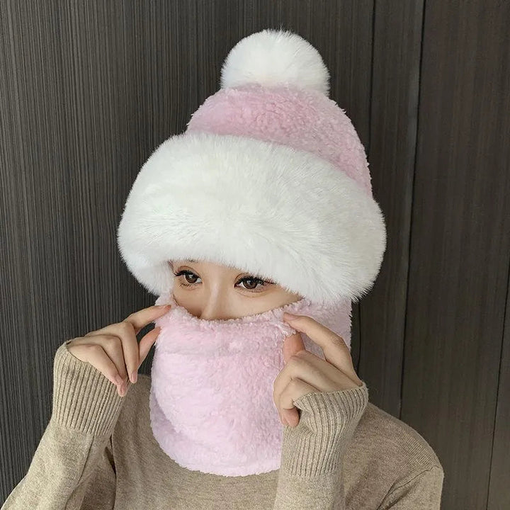 Winter Scarf Set Hooded for Women Plush Neck Warm Russia Outdoor Ski Windproof Hat Thick Plush Fluffy Beanies