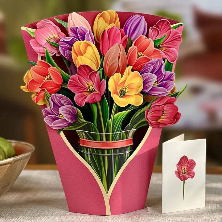 3D Pops-up Bouquet Forever Rose/Lily/Sunflower/Tulip Paper Flowers Tropical Bloom for Birthday Anniversary Wedding Greeting Card