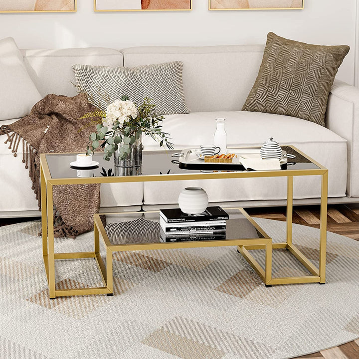 High Gloss Coffee Table for Living Room with Gold Metal Frame and Open Storage Shelf, Modern Accent Center Table Black Dining Table for Home Furniture Office Decor