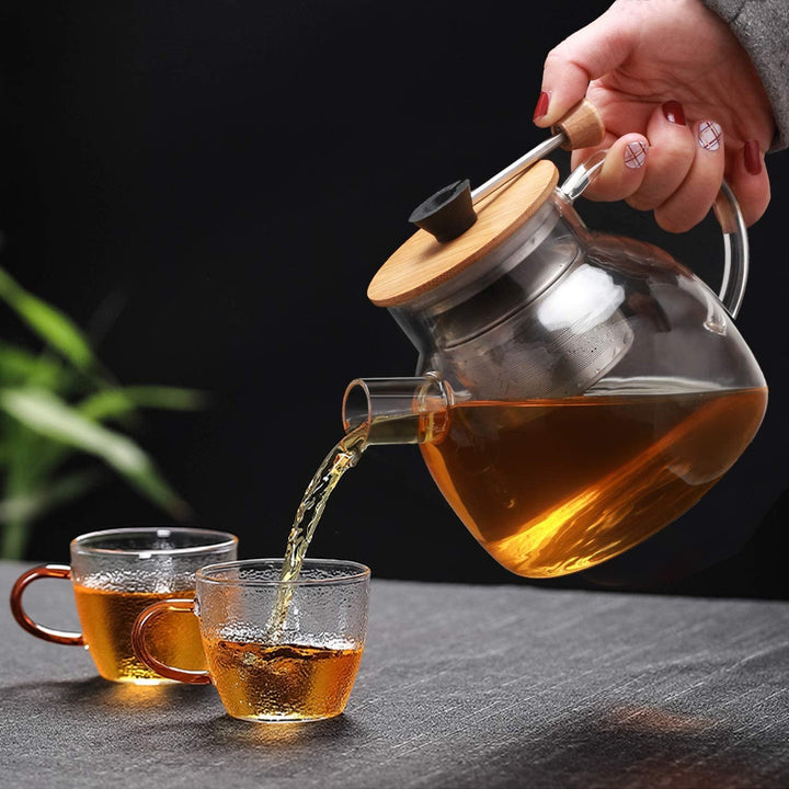 IDEALUX Glass Tea Pot with Bamboo Lid & SUS304 Stainless Steel Tea Infuser Filter, 34 OZ Stovetop Safe Tea Kettle for Loose Tea